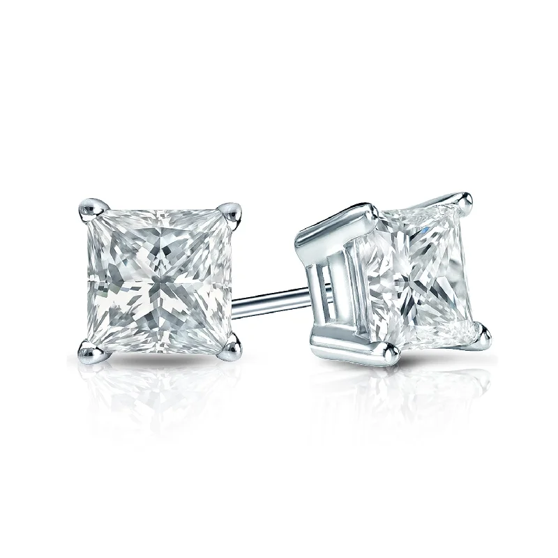 Auriya Plat Gold Lab Grown 1.00 carat TDW Princess Diamond Stud Earrings 4-Prong Basket Screw-back