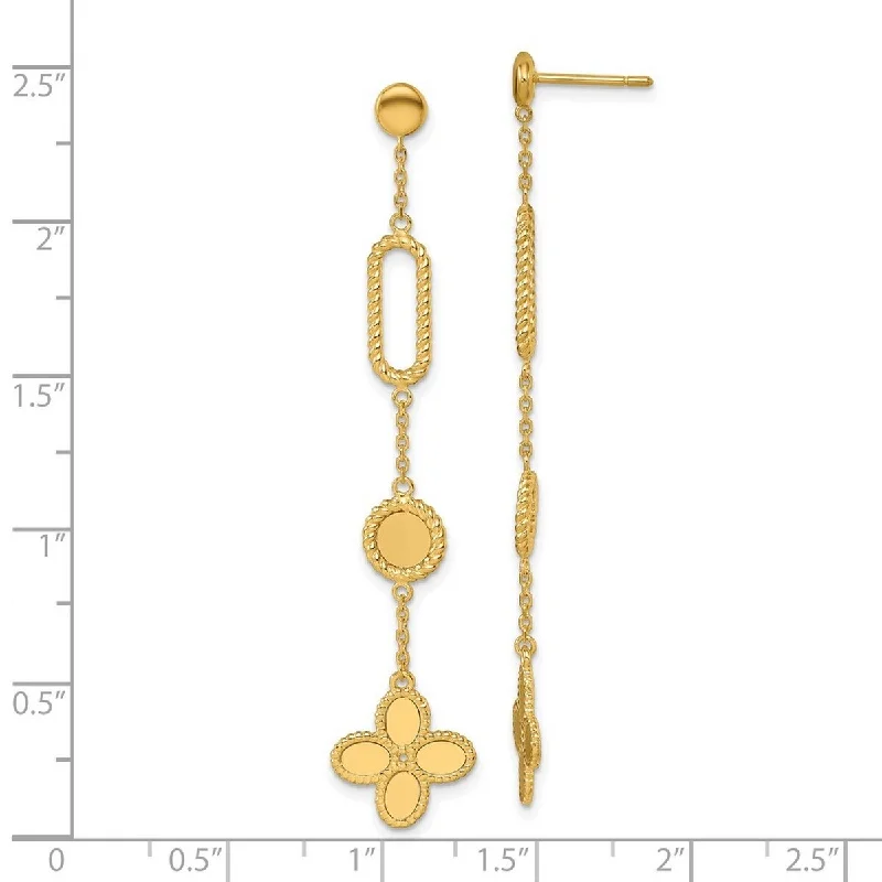 Curata 14K Italian Yellow Gold Paperclip, Circle and Clover Long Drop Earrings - 12x65mm