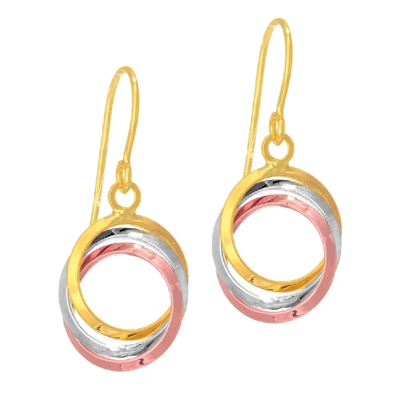 Curata 14k Tri-color Gold 7.9x25.0mm Interlocked Circles Dangling Hook Earrings