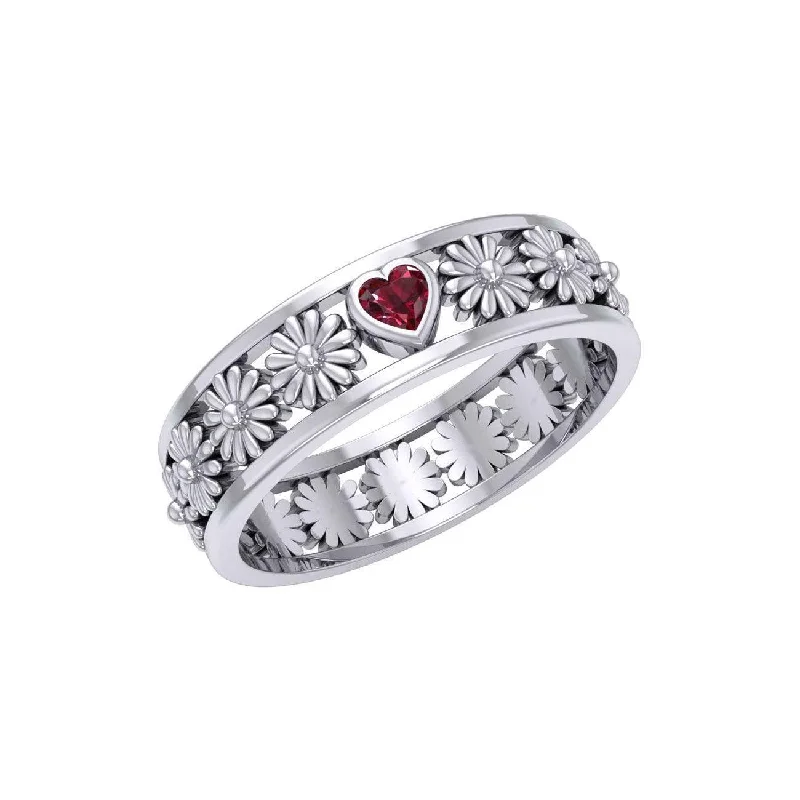 Flower Band Ring With Heart Gemstone TRI2311