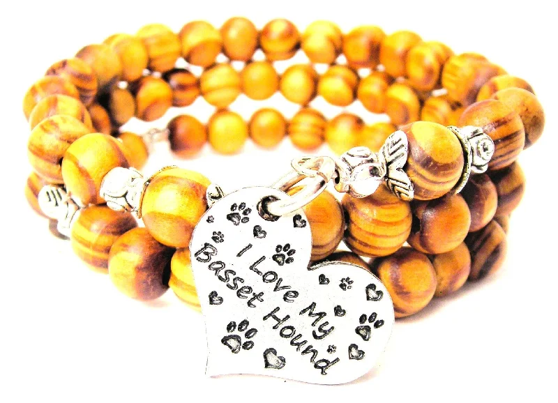 I Love My Basset Hound Natural Wood Wrap Bracelet