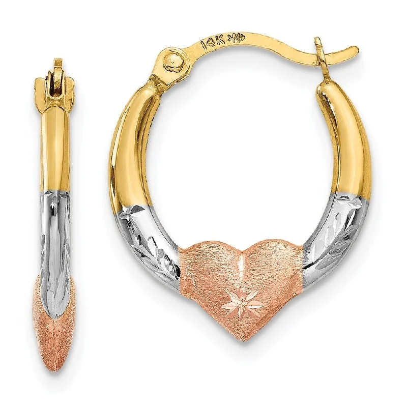 Amanda Rose Collection 14K Gold Tri Colored Heart Click Top Heart Hoop Earrings for Women