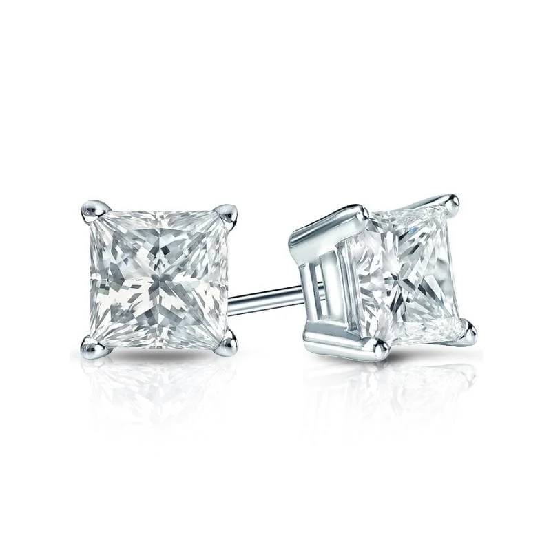 Auriya Plat Gold Lab Grown 0.75 carat TDW Princess Diamond Stud Earrings 4-Prong Basket Push-back