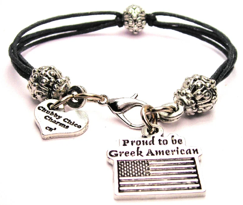 Proud To Be Greek American Beaded Black Cord Bracelet