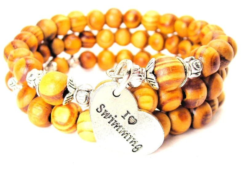 I Love Swimming Natural Wood Wrap Bracelet