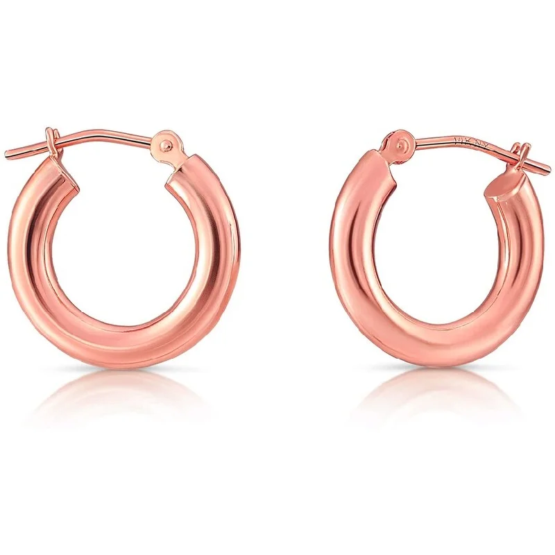 14K Rose Gold 3MM Polished Round Tube Hoops Earrings, All Sizes, Classic Gold Hoop Earrings for Women, 100% Real 14K Gold