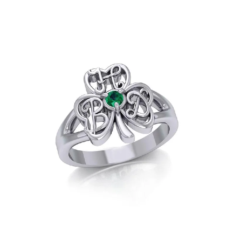 HBD Happy Birthday Monogramming Shamrock Clover Silver Gemstone Ring TRI1751