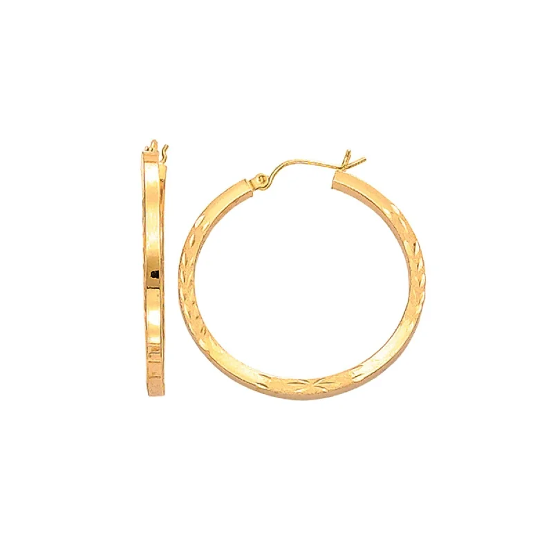 14K Yellow Gold Diamond-Cut Hoop Earrings, Square Tube Gold Hoop Earrings for Women, 100% Real 14K Gold