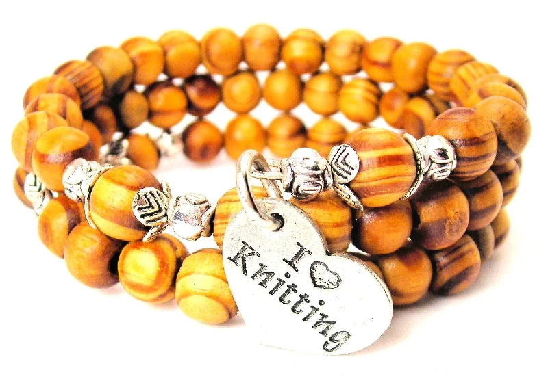 I Love Knitting Natural Wood Wrap Bracelet