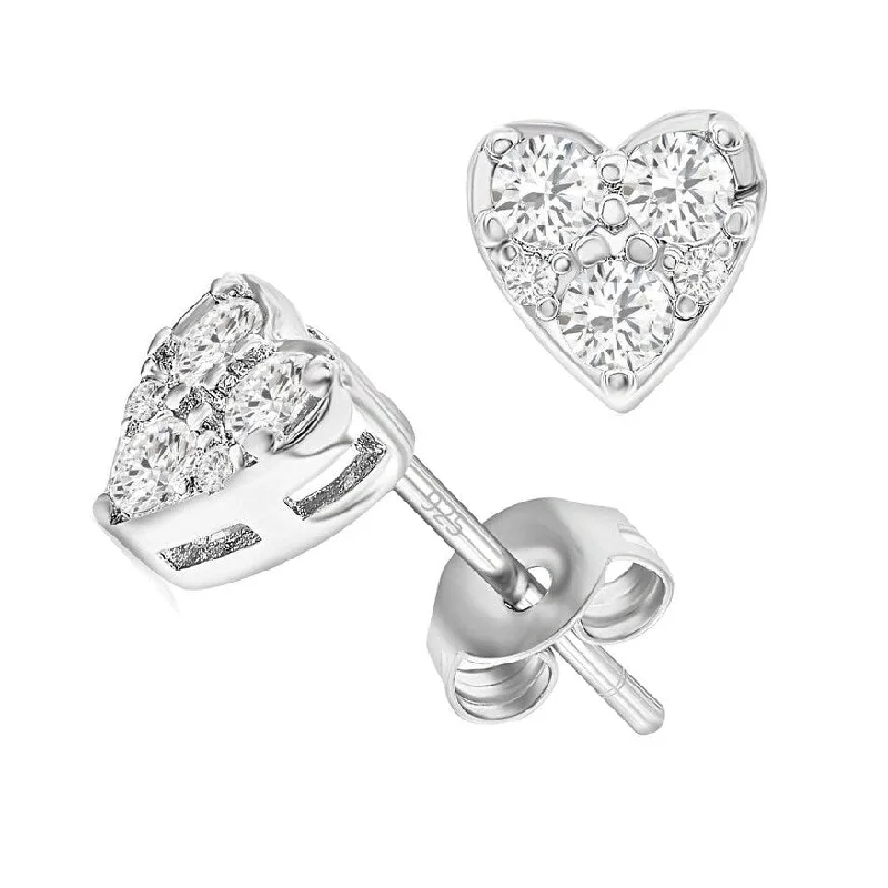 Donatello Gian Solid 925 Sterling Silver Tri Stone Heart Studs Earrings