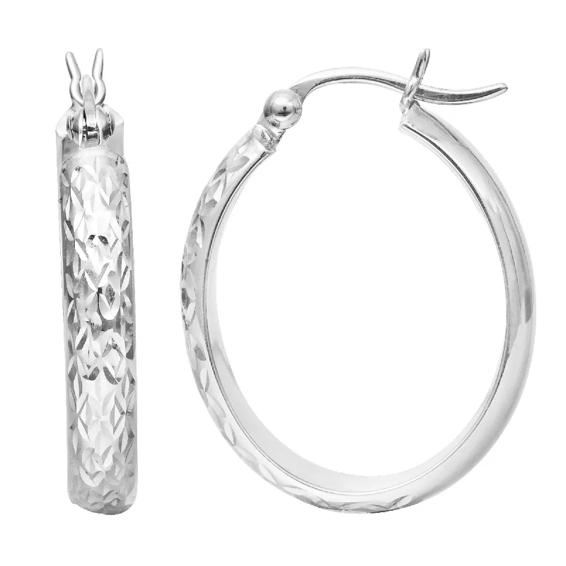 14K White Gold Diamond-Cut Sparkle Oval Hoop Earrings, Textured Gold Hoop Earrings for Women, 100% Real 14K Gold