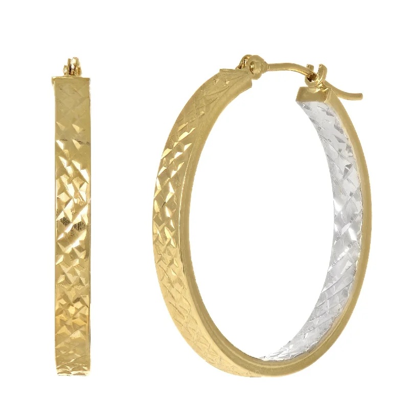 14K Two-Tone Yellow and White Gold 25MM Diamond-Cut Hoop Earrings, Textured Gold Hoop Earrings for Women, 100% Real 14K Gold