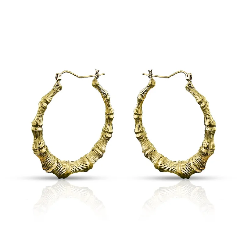 10k Yellow Gold Womens Fancy Bamboo Door Knocker Hoop Earrings