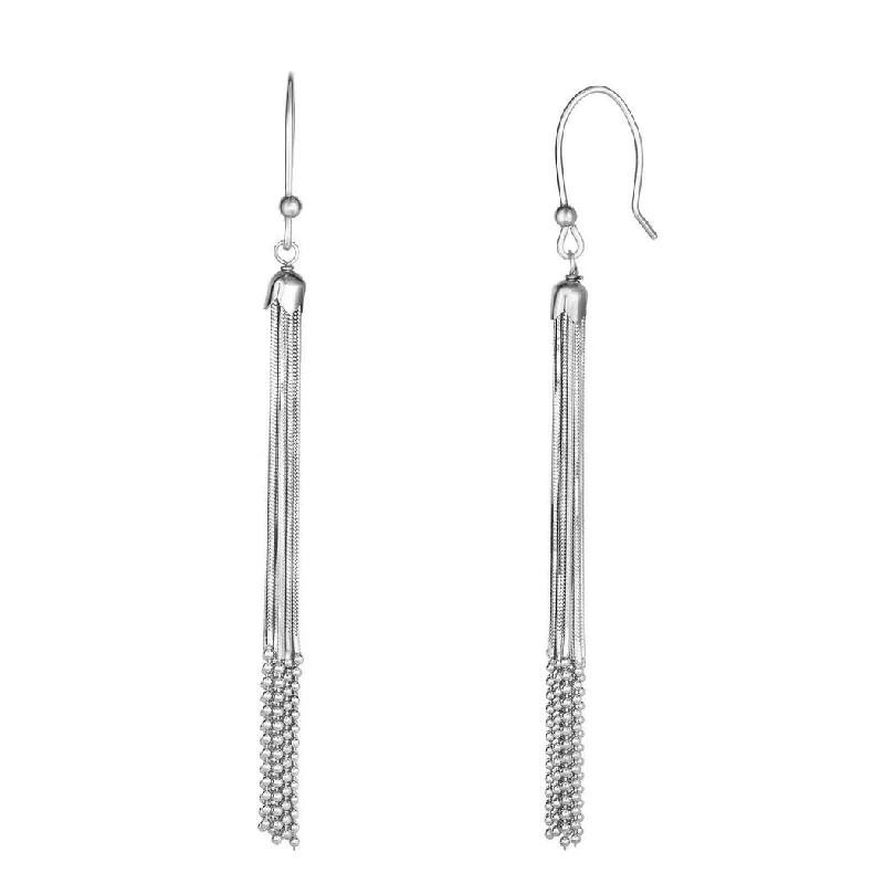 Curata 925 Sterling Silver Textured Multi Stranded Snake Bead Tassel Earrings