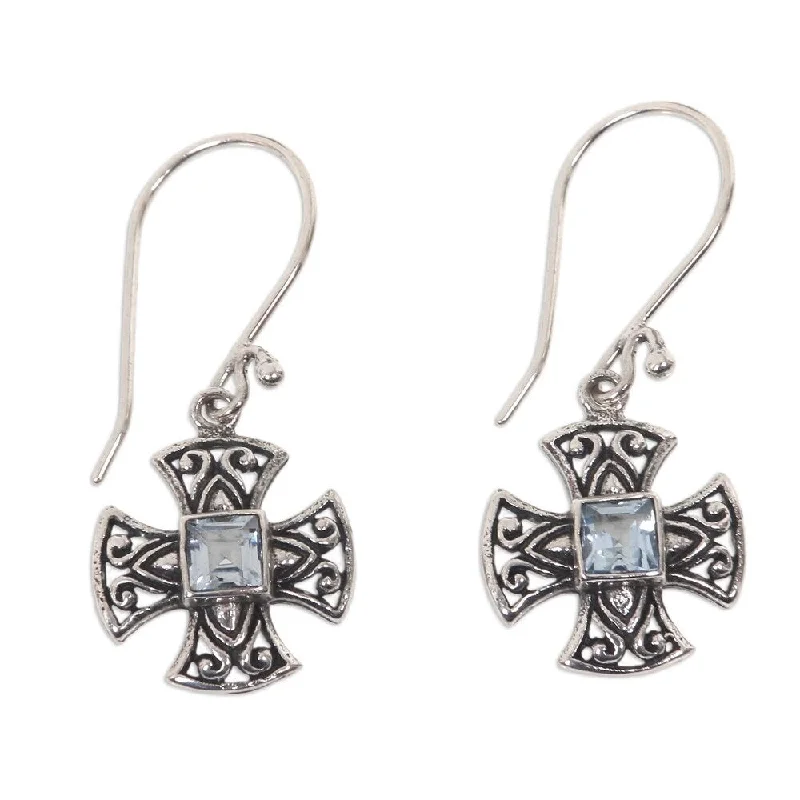 Sterling Silver 'Cross Pattee' Blue Topaz Earrings - 1.3*0.6