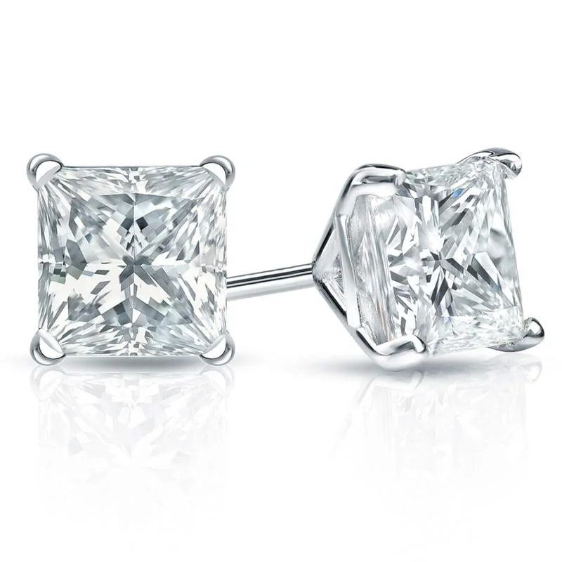 Auriya Plat Gold Lab Grown 2.00 carat TDW Princess Diamond Stud Earrings 4-Prong Martini Push-back