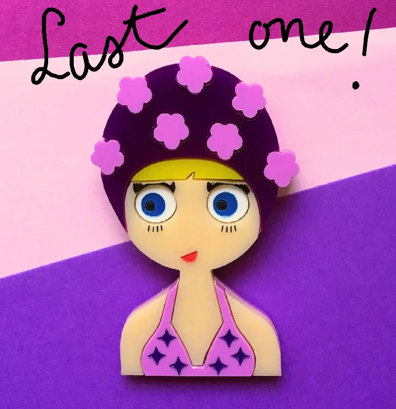 ESTHER Acrylic Brooch - July Limited Edition - Girl with purple bikini and flowers bathing cap