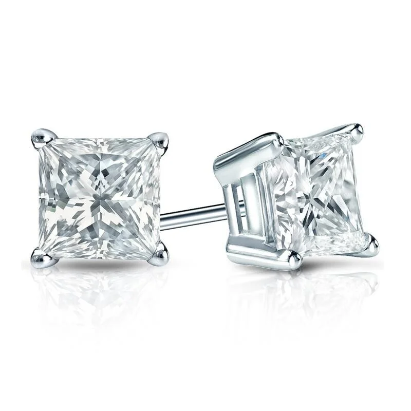 Auriya Plat Gold Lab Grown 1.25 carat TDW Princess Diamond Stud Earrings 4-Prong Basket Push-back