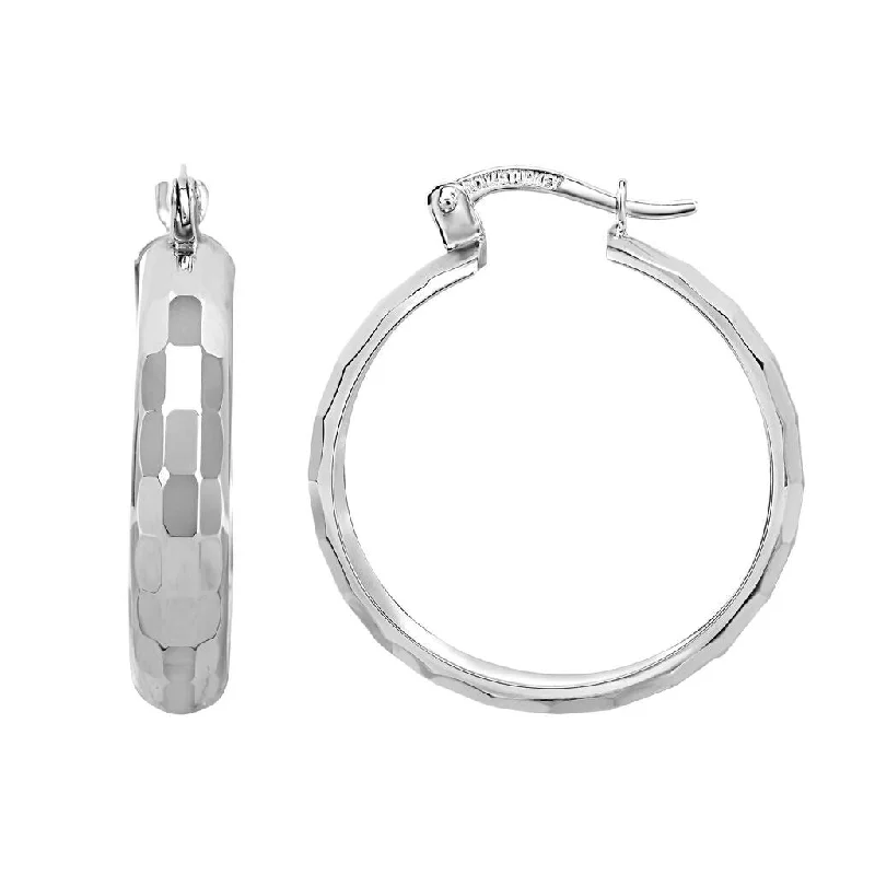 14K White Gold Rectangular Diamond-Cut Reflective Hoop Earrings, White Gold Hoop Earrings for Women, 100% Real 14K Gold