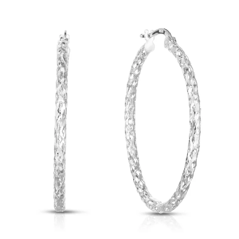 Curata 14k White Gold 1.5x27mm Diamond-cut Woven Hoop Earrings