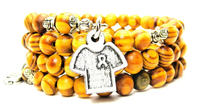 T-Shirt With Awareness Ribbon Natural Wood Wrap Bracelet