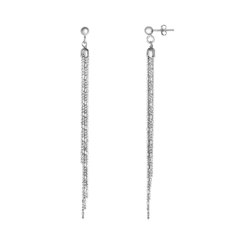 Curata 925 Sterling Silver Rhodium Textured Multi Stranded Bead Tassel Earrings