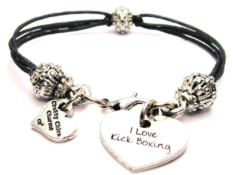 I Love Kick Boxing Beaded Black Cord Bracelet