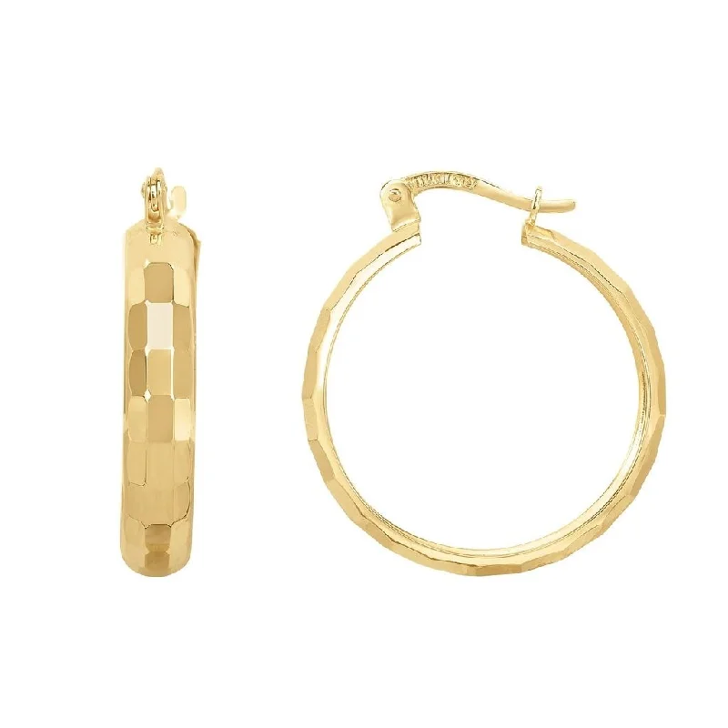 14K Yellow Gold Rectangular Diamond-Cut Reflective Hoop Earrings, Gold Hoop Earrings for Women, 100% Real 14K Gold