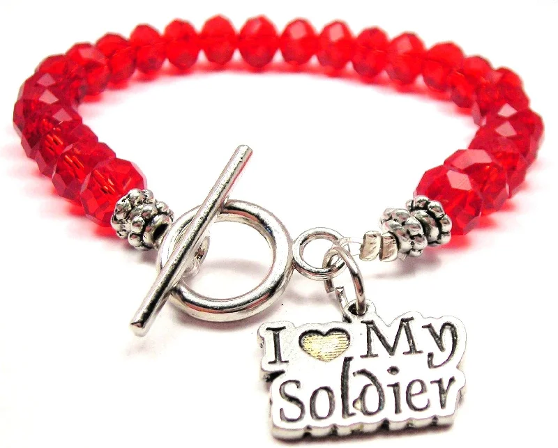 I Love My Soldier Stylized Crystal Beaded Toggle Style Bracelet