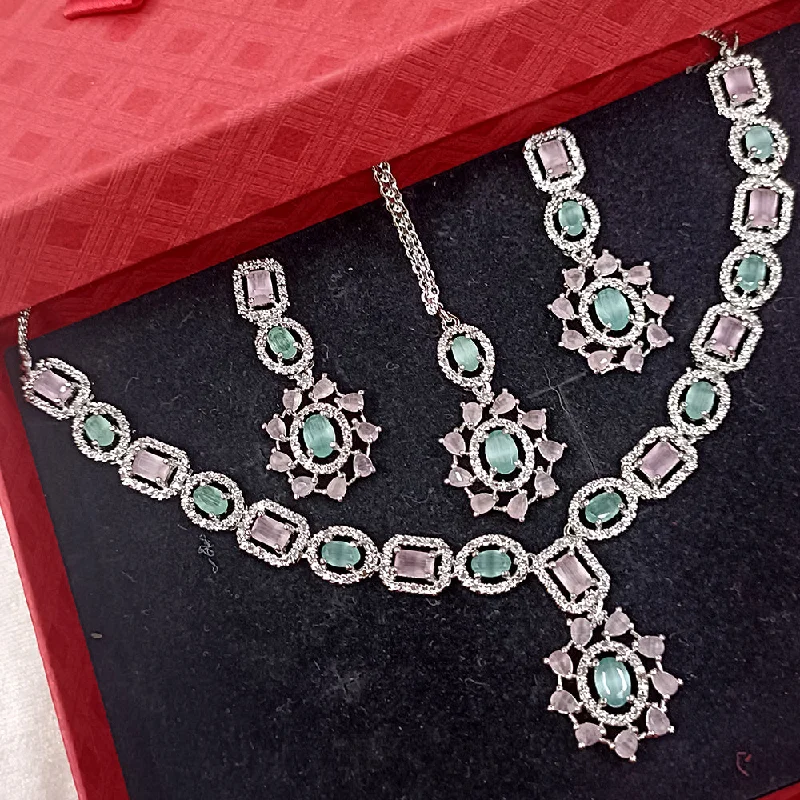 Exotica Collection American Diamond Pink And Mint Green Necklace Set With Maangtika