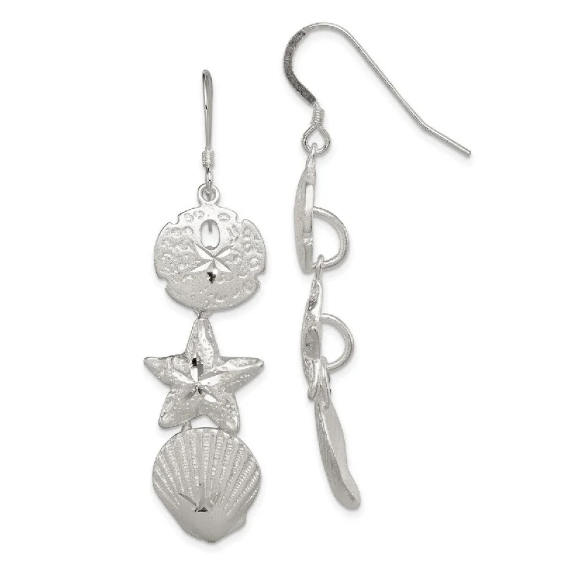 Curata 925 Sterling Silver 58x15mm Satin Shell and Starfish Sea Life Dangle Hook Earrings