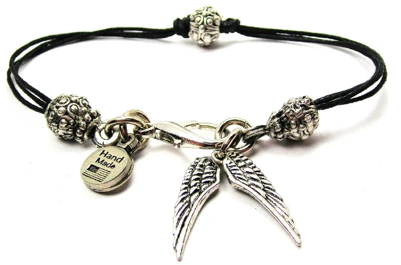 Pair Of Angel Wings Beaded Black Cord Bracelet