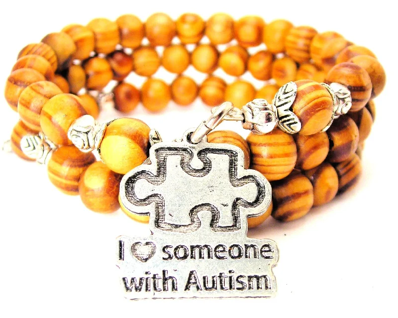 I Love Someone With Autism With Puzzle Piece Natural Wood Wrap Bracelet