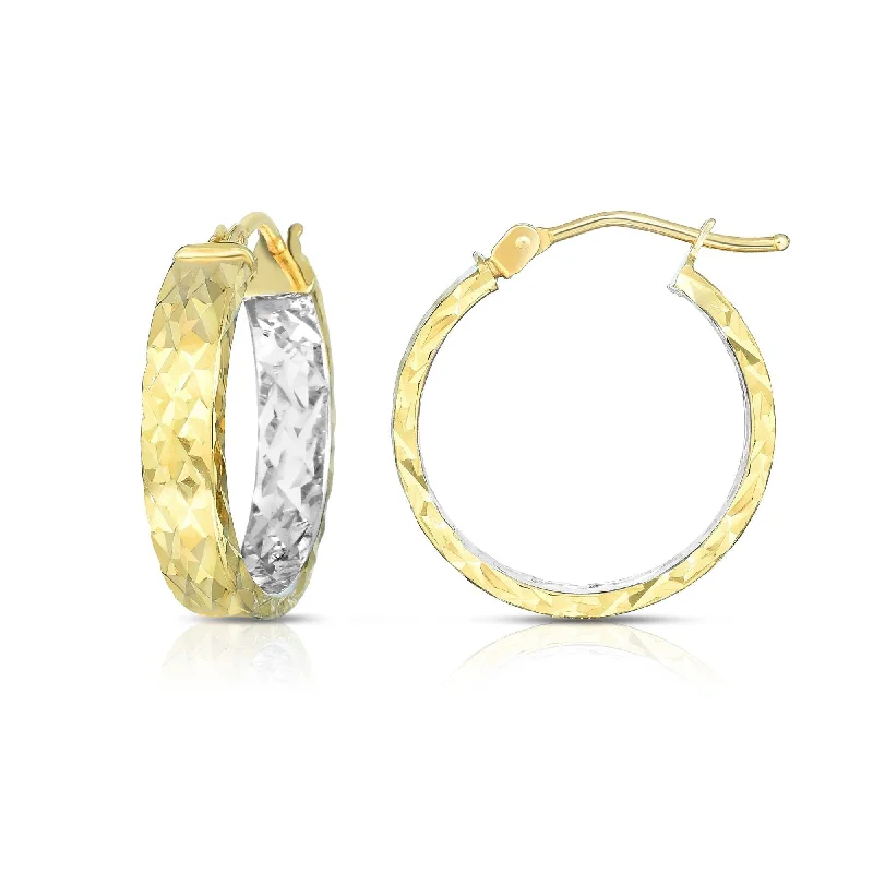 14K Two-Tone Yellow and White Gold Shiny Diamond-Cut Hoop Earrings, Textured Gold Hoop Earrings for Women, 100% Real 14K Gold