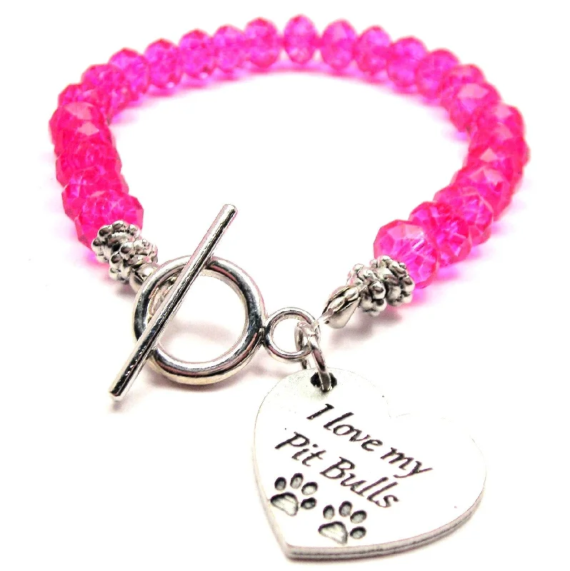 I Love My Pit Bulls Heart Crystal Beaded Toggle Style Bracelet