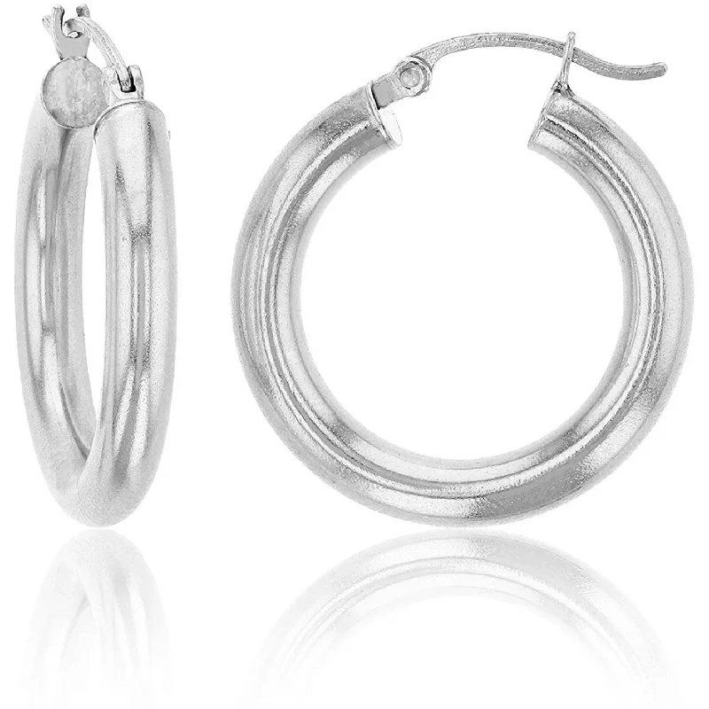 14K White Gold 4MM Polished Round Tube Hoops Earrings, All Sizes, Classic White Gold Hoop Earrings for Women, 100% Real 14K Gold