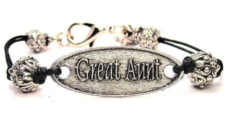 Great Aunt Pewter Beaded Black Cord Connector Bracelet