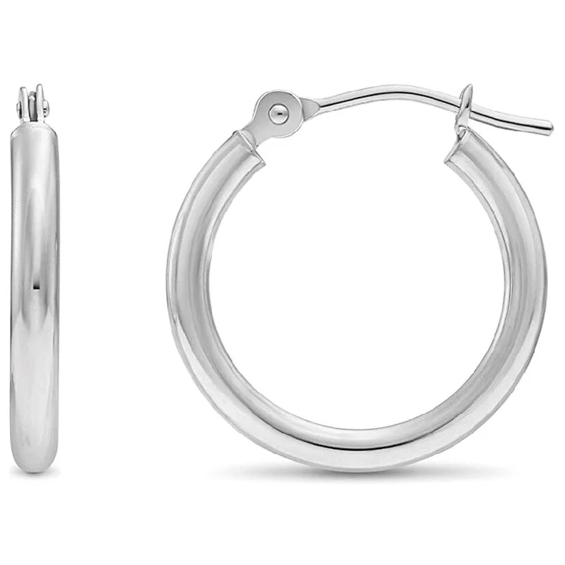 14K White Gold 2MM Polished Round Tube Hoops Earrings, All Sizes, Classic White Gold Hoop Earrings for Women, 100% Real 14K Gold