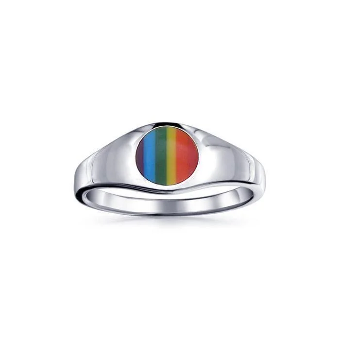 Rainbow Inlaid Circle Silver Signet Ring TRI088