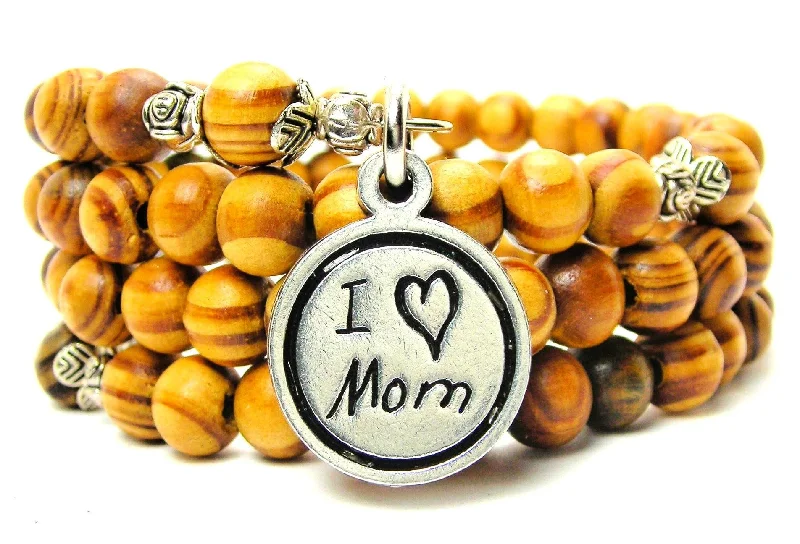 I Love Mom In Child Handwriting Natural Wood Wrap Bracelet