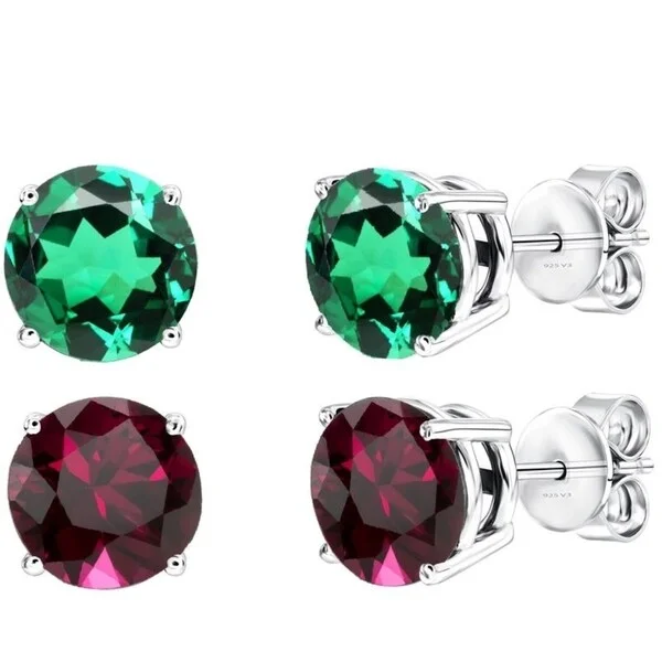 Sterling Silver round Emerald & Ruby Stud Earrings