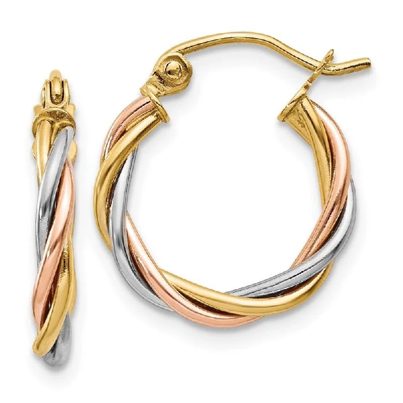 Amanda Rose Collection 14K Tri Colored Gold Twisted Round Hoop Earrings for Women