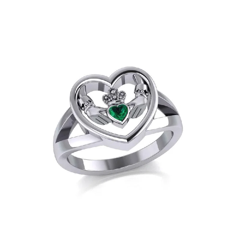 Claddagh in Heart Silver Ring with Gemstone TRI1992