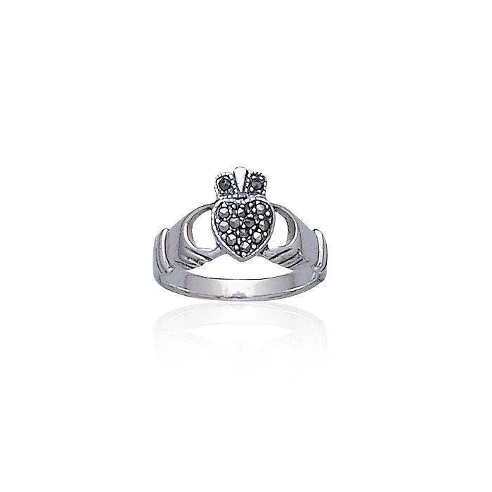 Irish Claddagh & Marcasite Heart Silver Ring TR416