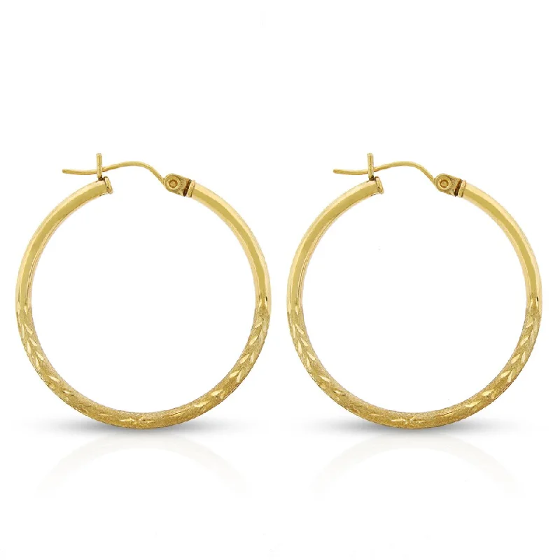 Women's 10k Yellow Gold 1.2-inch Floral Diamond-cut Brush Sparkle Tube Hoop Earrings