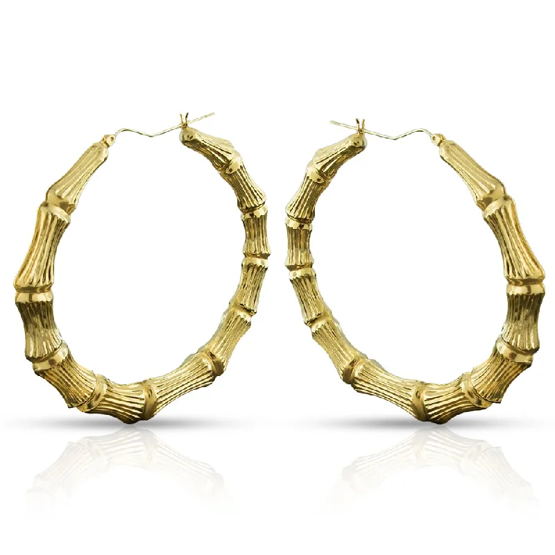 10k Yellow Gold Womens Fancy Bamboo Door Knocker Hoop Earrings