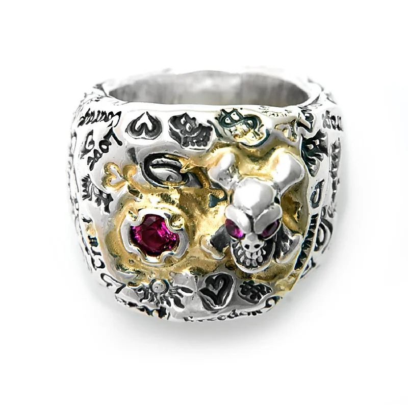 Graffiti Pirate Ring with Red Gemstone