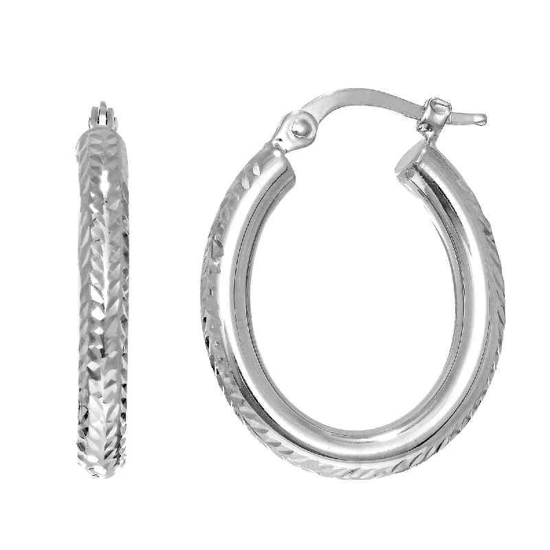 14K White Gold Diamond-Cut Sparkle Oval Hoop Earrings, Textured Hoop Earrings, Gold Hoop Earrings for Women, 100% Real 14K Gold