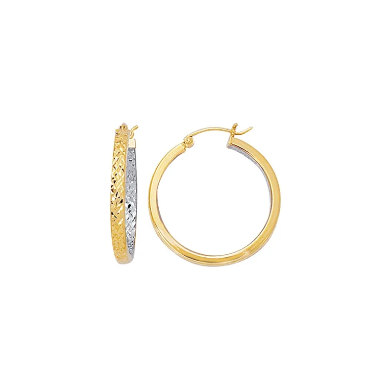 14K Two-Tone Yellow and White Gold Diamond-Cut Hoop Earrings, Textured Gold Hoop Earrings for Women, 100% Real 14K Gold