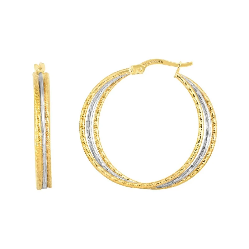 Curata 14k Two-tone Gold 26x4mm Textured Triple Row Hoop Earrings